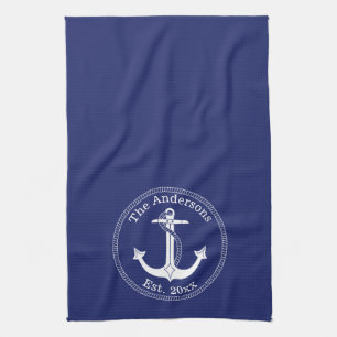 Nautic White Anchor auf Navy Blue Family Name Geschirrtuch