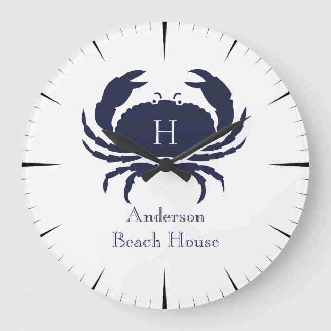 Nautic White Crab Navy Blue Coastal Monogram Lar Große Wanduhr (Vorderseite)