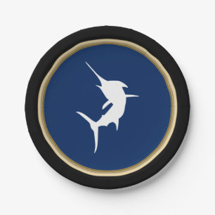 Nautic White Marlin Silhouette auf Dark Blue Pappteller