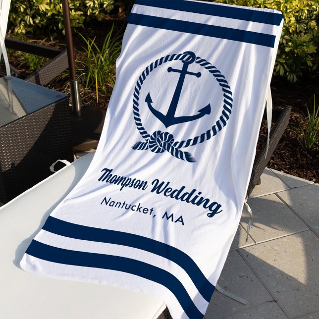 Nautic White Navy Anchor Custom Wedding Strandtuch (Von Creator hochgeladen)
