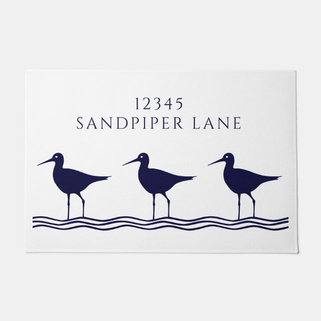 Nautic White Navy Blue Sandpipers Adresse Fußmatte (Vorderseite)