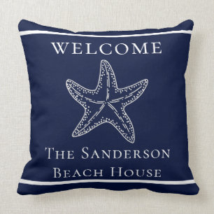 Nautic White Navy Blue Starfish Throw Pil Kissen