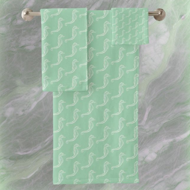 Nautic White Seepferd Skeleton Muster Green Badhandtuch Set (bathroom towel set on wall)