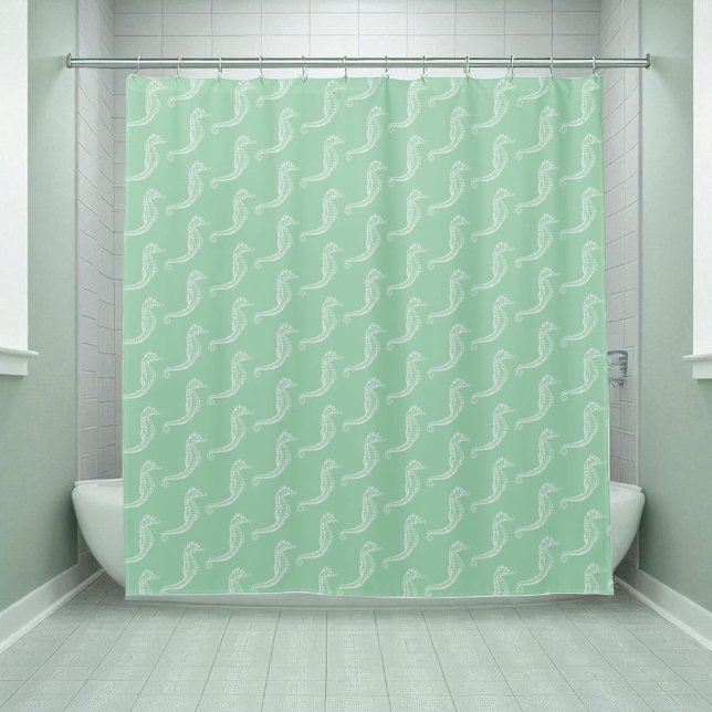 Nautic White Seepferd Skeleton Muster Green Duschvorhang (shower curtain display in full)