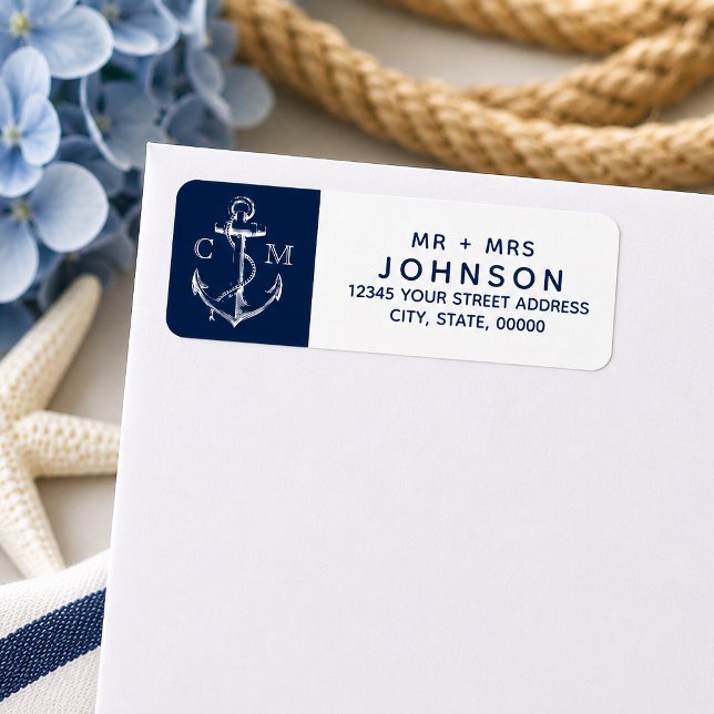 Nautic White Sketch Anchor Navy Monogram (Navy nautical sketch anchor address labels for the couple.
)