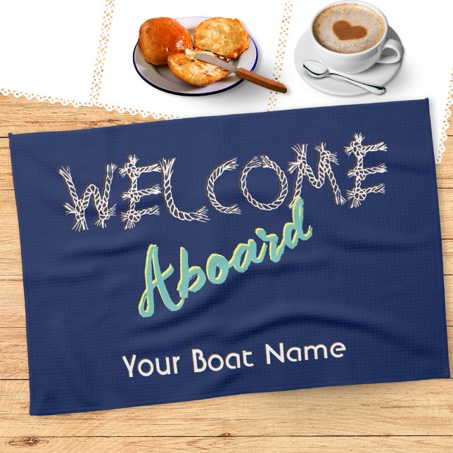 Nautic Willkommen an Bord des Bootes Name Navy Blu Geschirrtuch (A nautical tea towel, with 'Welcome Aboard' message. Personalize with a boat name or other text)
