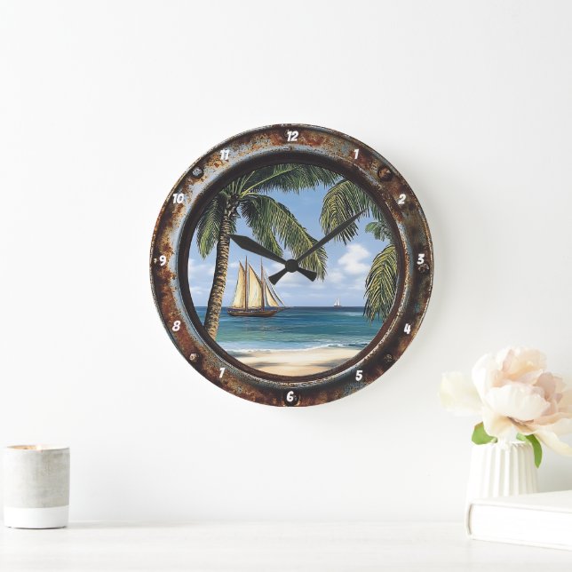Nautic Window Rustic Tropical Sailboat Große Wanduhr (Zuhause)