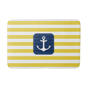 Nautic Yellow Stripes Navy Blue Banner Anker Badematte