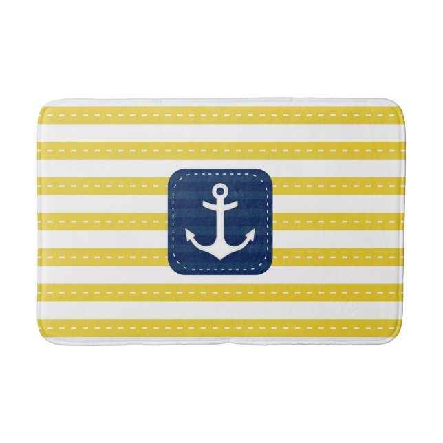 Nautic Yellow Stripes Navy Blue Banner Anker Badematte (Vorderseite)