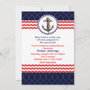 Nautic Zickzack Anchor Blue Red Invitation Card Einladung