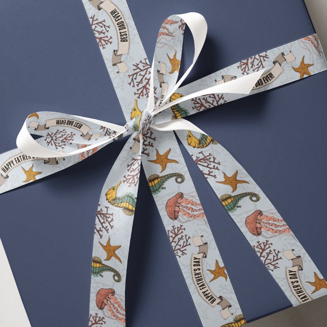 Nautical 1,5" Vathetag Personalisiert blass Ripsband (Ocean Theme Illustrations in Black Ink. Seahorse, Jellyfish, Starfish & Coral.
Custom 2 Messages!)