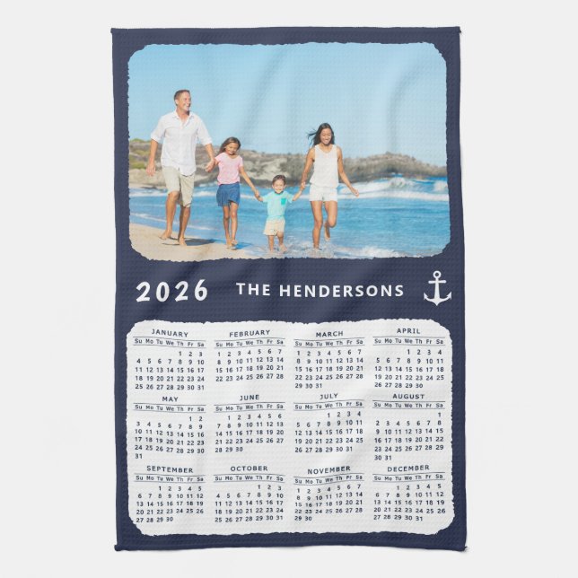 Nautical 2026 Calendar Family Foto Navy Blue Geschirrtuch (Vertikal)