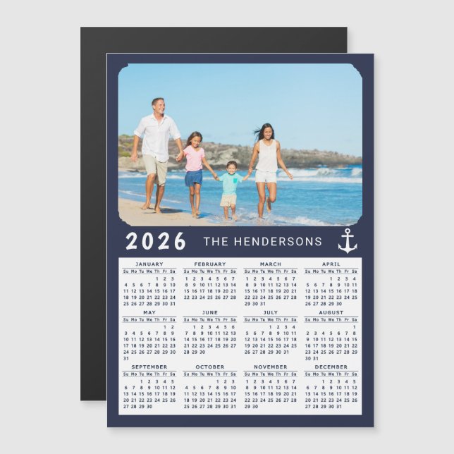 Nautical 2026 Foto Calendar Magnet Navy Blue (Vorne/Hinten)