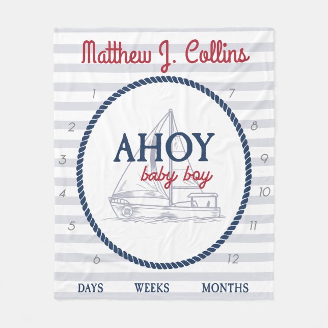 Nautical Ahoy Baby Boy Sailboat Milestone Fleecedecke (Vorderseite)