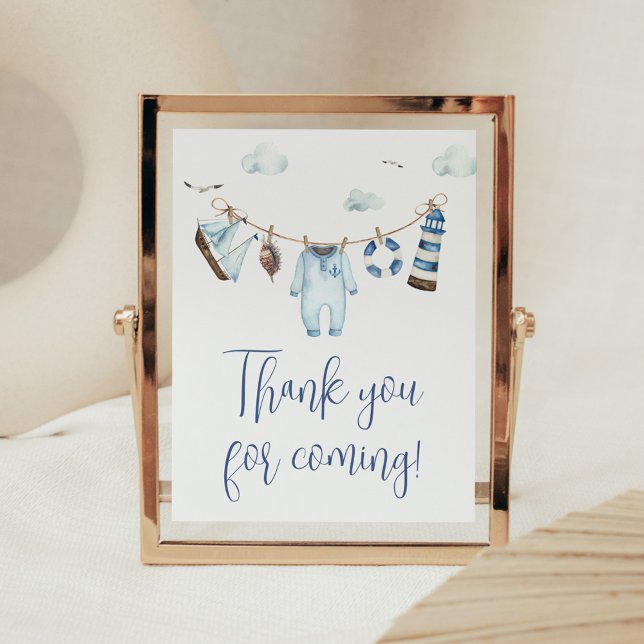 Nautical Ahoy Baby Dusche Danke Karte Poster (Nautical Sailor Ahoy Baby Shower Thank you for Coming Sign)