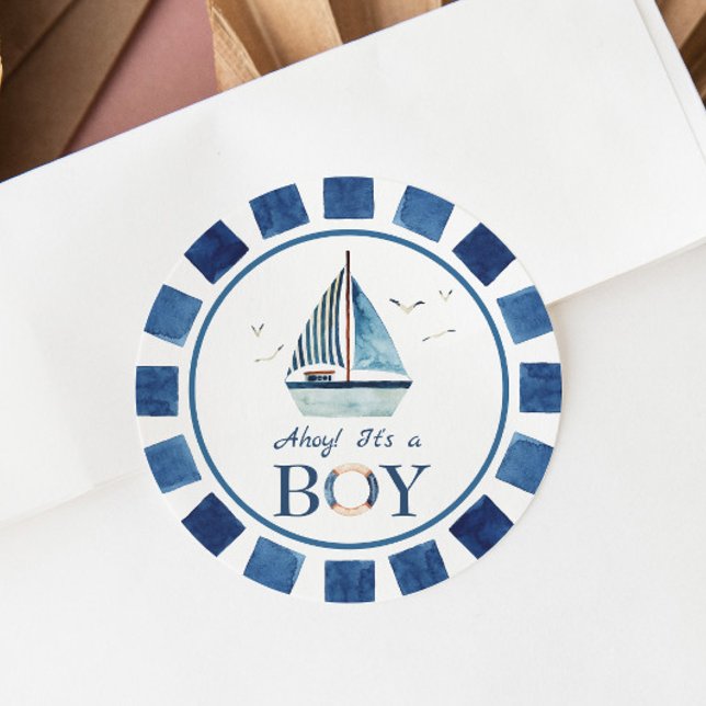 Nautical Ahoy! Es ist eine Baby-Dusche für Jungen Runder Aufkleber (Von Creator hochgeladen)