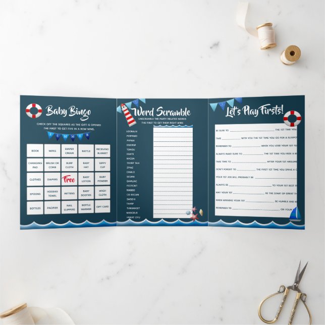 Nautical ahoy Leuchtturm Schiff Seejungen ersten P Dreifach Gefaltete Einladung (Innenseite)