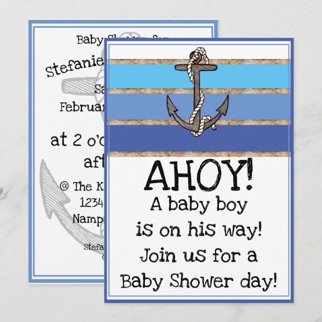 Nautical Anchor and Rope Boy Baby Shower (blau) Einladung (Vorne/Hinten)