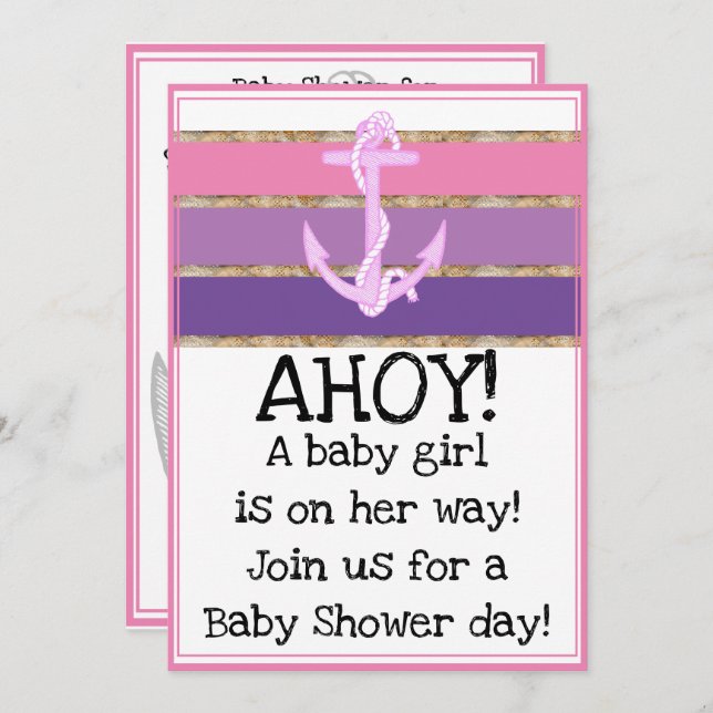 Nautical Anchor and Rope Girl Baby Shower (pink) Einladung (Vorne/Hinten)
