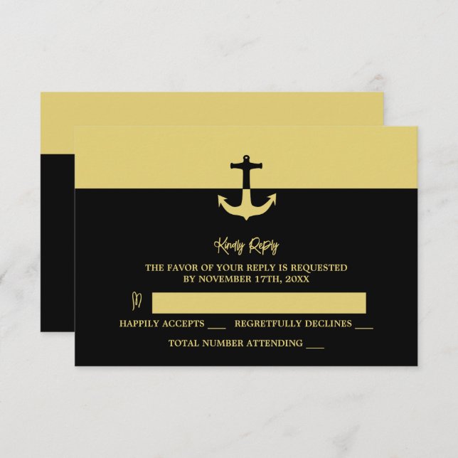 Nautical Anchor - Black Gold - Beach Wedding RSVP Karte (Vorne/Hinten)