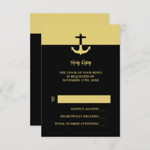 Nautical Anchor - Black Gold - Beach Wedding RSVP Karte
