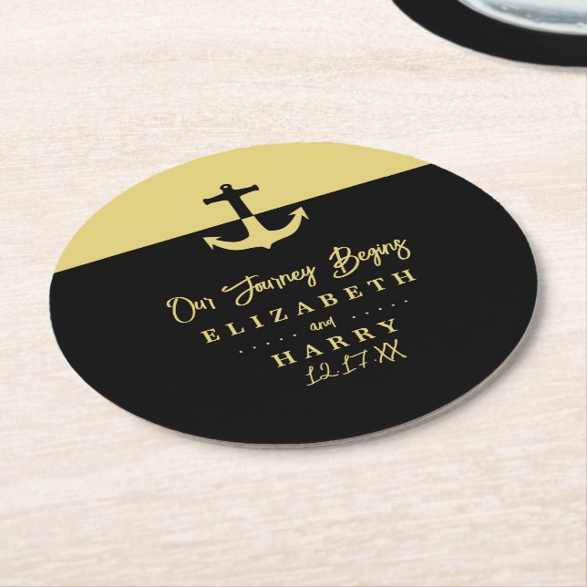 Nautical Anchor - Black Gold - Beach Wedding Runder Pappuntersetzer (Angewinkelt)