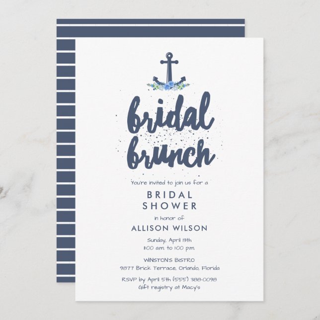 Nautical Anchor Bloral Bridal Brunch Dusche Einladung (Vorne/Hinten)