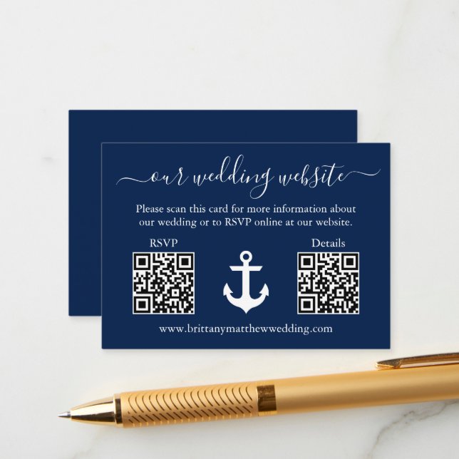 Nautical Anchor Blue 2 QR UAWG Details Hochzeit Begleitkarte (Vorderseite/Rückseite Beispiel)