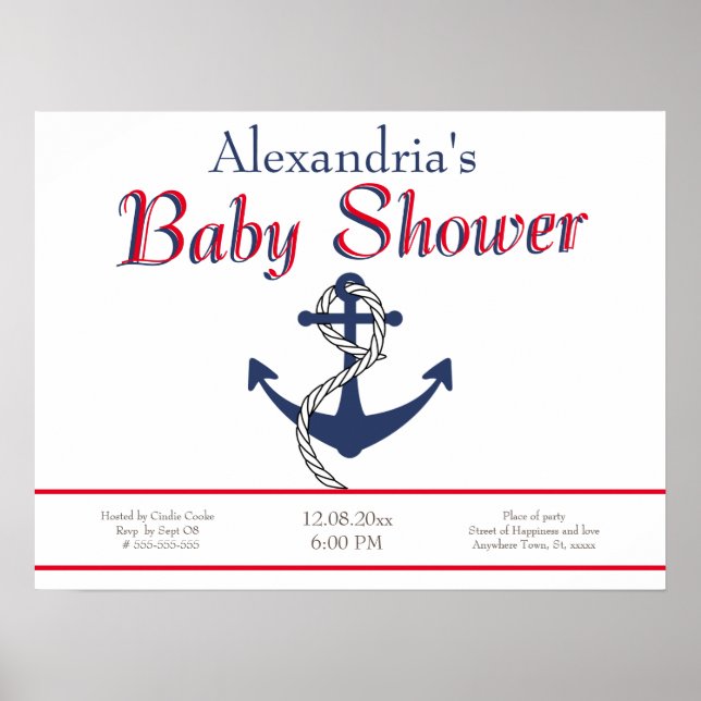Nautical Anchor Blue Baby Dusche Einladung Poster (Vorne)