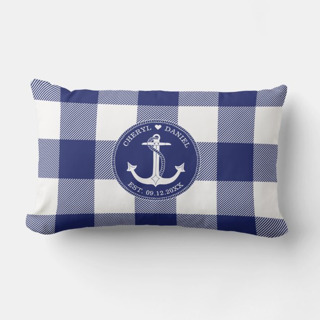 Nautical Anchor Blue Buffalo Karierte Hochzeit Lendenkissen (Vorderseite)