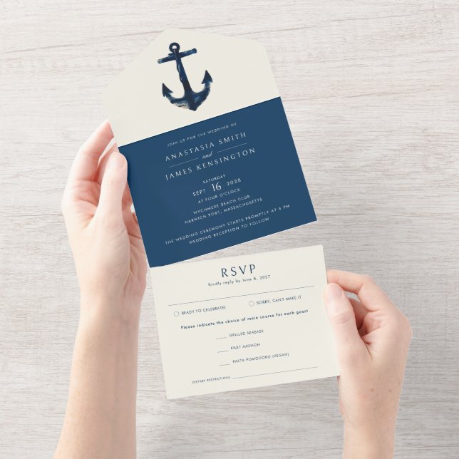 Nautical Anchor Blue Modern Coastal Wedding All In One Einladung (Abreißen)