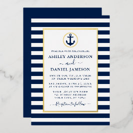 Nautical Anchor Blue Streifen Wedding Gold Folieneinladung