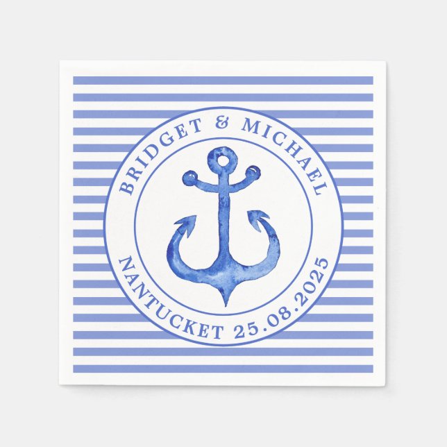 Nautical Anchor Blue Striping Personalisiert Weddi Serviette (Vorderseite)