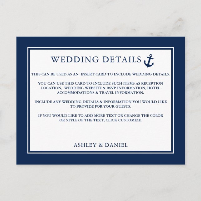 Nautical Anchor Blue Wedding Details Beipackkarte Postkarte (Vorderseite)
