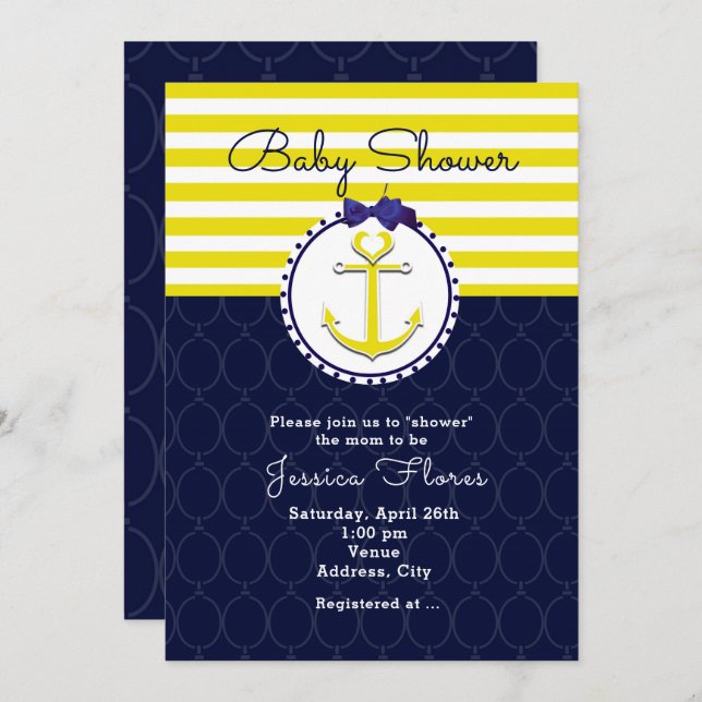 Nautical Anchor Blue Yellow Baby Dusche Einladung (Vorne/Hinten)