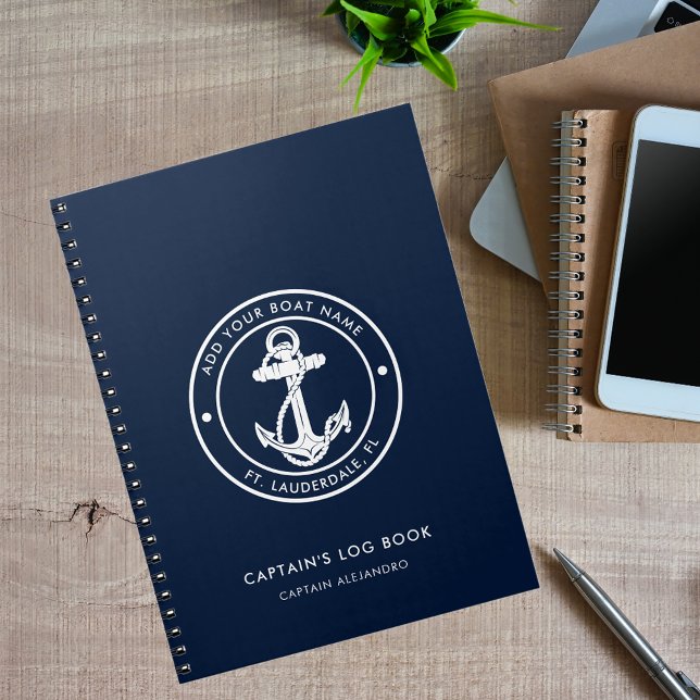 Nautical Anchor Boat Name Navy Blue Captain's Log Notizblock (Nautical Anchor Custom Boat Name Log Book)