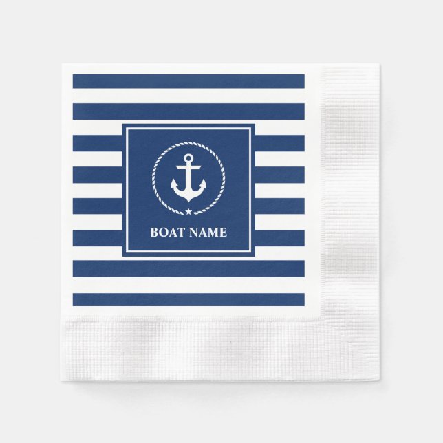 Nautical Anchor Boat Name Navy Blue Streifen Serviette (Vorderseite)