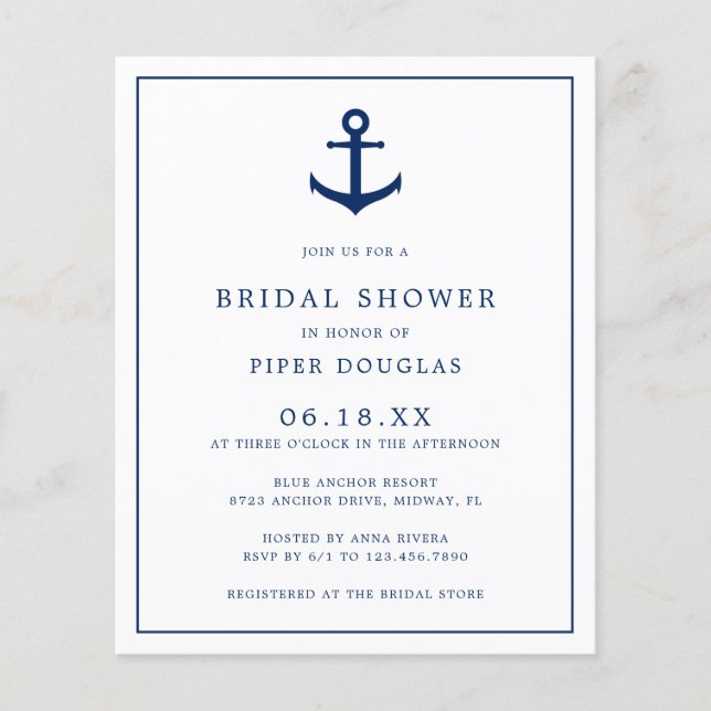 Nautical Anchor Budget Bridal Dusche Einladung Flyer (Vorne)