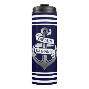 Nautical Anchor Captain Name Navy Stripes Sailor Thermosbecher