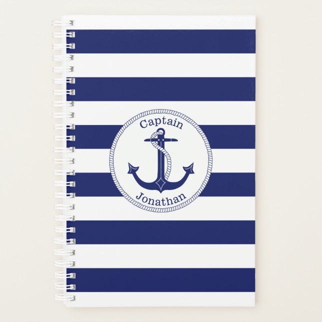 Nautical Anchor Captain Navy Blue Stripe Planer (Vorderseite)