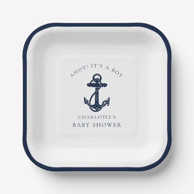 Nautical Anchor Coastal Boy Baby Dusche Pappteller (Vorderseite)