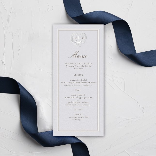 Nautical Anchor Coastal Rope Wappen Formal Wedding Menükarte (nautical wedding menu card classic formal traditional frame faux embossed anchor crest monograms)