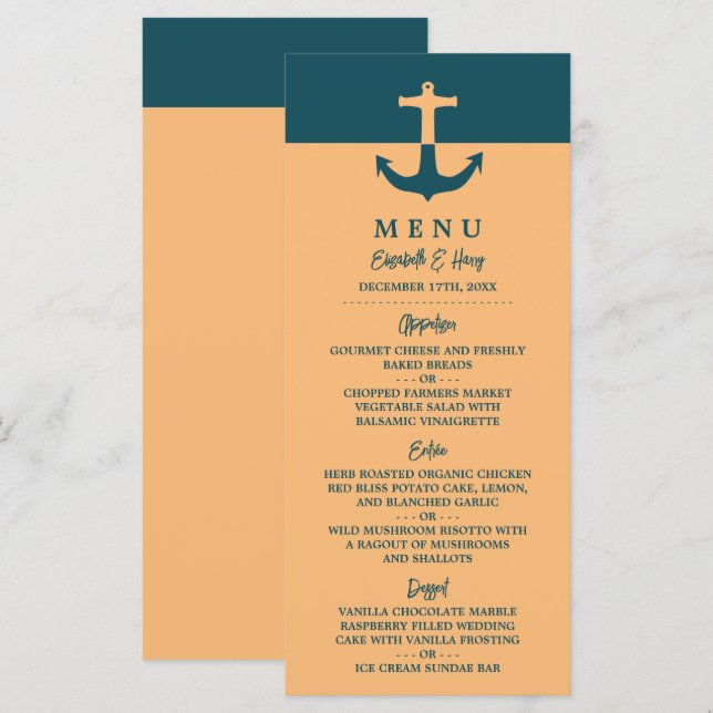 Nautical Anchor - Coral Blue - Beach Wedding Menükarte (Vorne/Hinten)