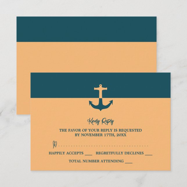 Nautical Anchor - Coral Blue - Beach Wedding RSVP Karte (Vorne/Hinten)
