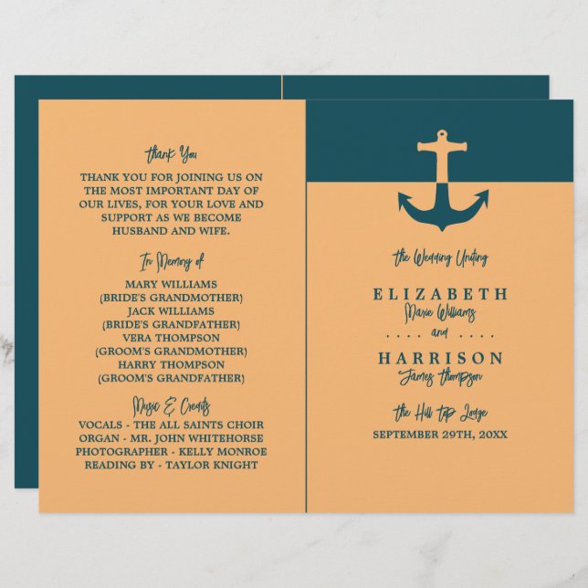 Nautical Anchor - Coral Blue - Hochzeitsprogramm (Vorne/Hinten)