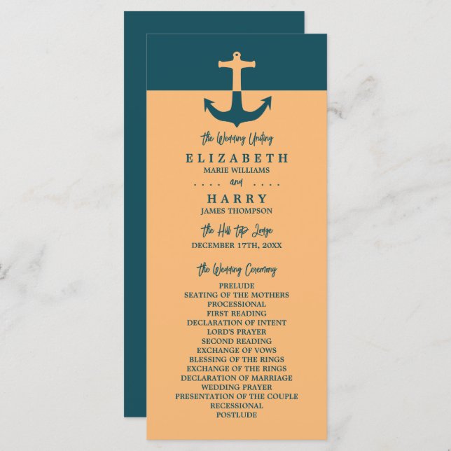 Nautical Anchor - Coral Blue - Hochzeitsprogramm Programm (Vorne/Hinten)