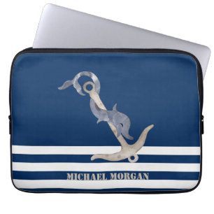 Nautical Anchor Dolphin Navy Blue Stripes Sailor Laptopschutzhülle