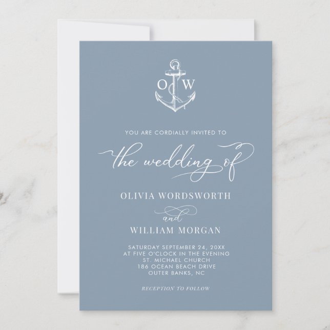 Nautical Anchor Dusty Blue Monogram Wedding Einladung (Vorderseite)