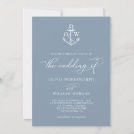 Nautical Anchor Dusty Blue Monogram Wedding Einladung
