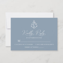 Nautical Anchor Dusty Blue Monogram Wedding RSVP Karte
